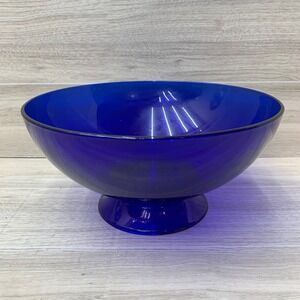 Vintage Cobalt Blue Glass Footed Serving Bowl Mid-Century Modern Centerpiece 8"